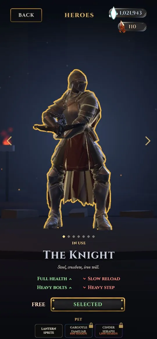 The hero page with the Knight on a dark stage